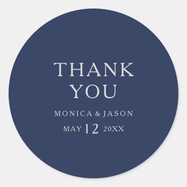 Classic Minimal Navy Blue Silver Thank You Wedding Round Sticker (Front)
