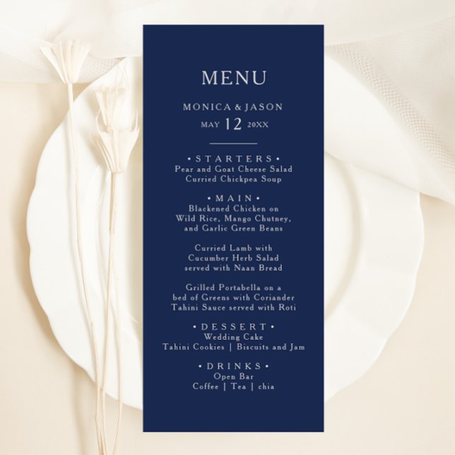 Classic Minimal Navy Blue | Silver Wedding Dinner Menu (Creator Uploaded)