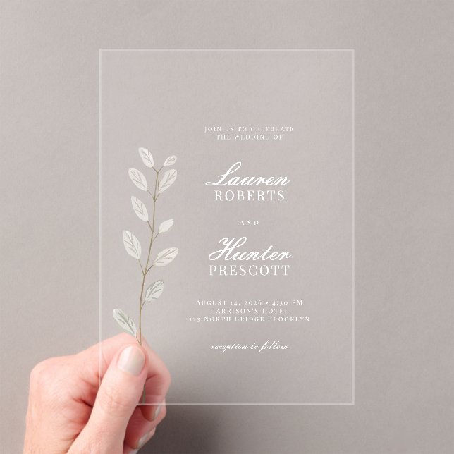 Classic Minimal Soft Ivory Floral Wedding Acrylic Invitations (Insitu (Handheld))