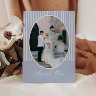 Classic Minimal Striped Blue Script Wedding Photo Thank You Card