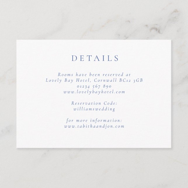 Classic Minimalist Blue and White Wedding Details Enclosure Card (Front)