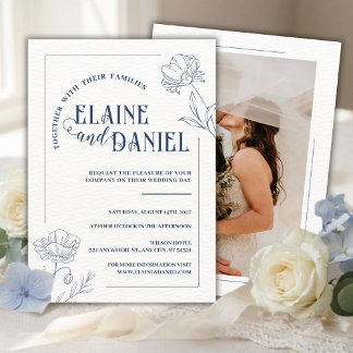 Classic Minimalist Blue Floral Wedding Invitation