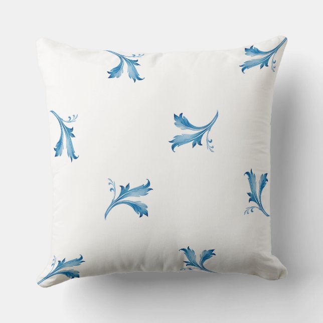 Classic Minimalist Blue Tile Leaf Ornaments Cushion (Back)