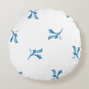 Classic Minimalist Blue Tile Leaf Ornaments Round Cushion