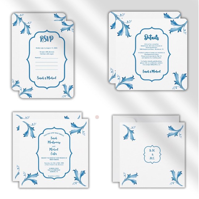 Classic Minimalist Blue Tile Leaf Ornaments  Save The Date (indigo blue,azulejo tile,portuguese tiles,blue tile pattern,classic tile art,vintage tile design)