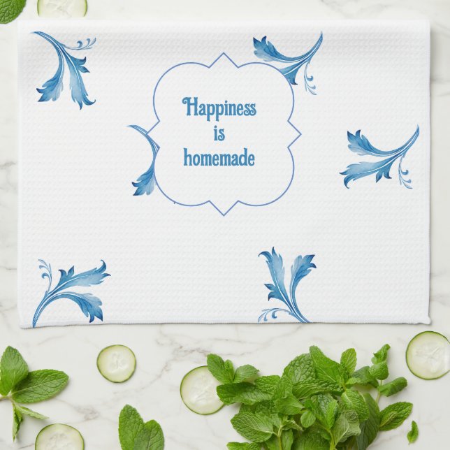 Classic Minimalist Blue Tile Leaf Ornaments  Tea Towel (Folded)