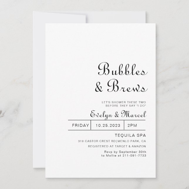 Classic Minimalist Bubbles & Brews Bridal shower  Invitation (Front)