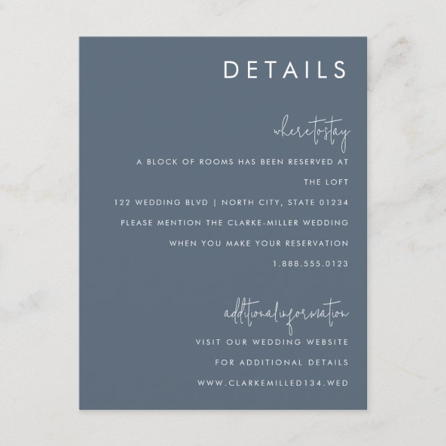 Classic Minimalist Dusty Blue Wedding Deatils Enclosure Card (Front)