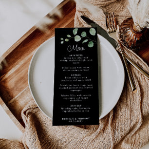 Classic Minimalist Eucalyptus Black Wedding Menu 