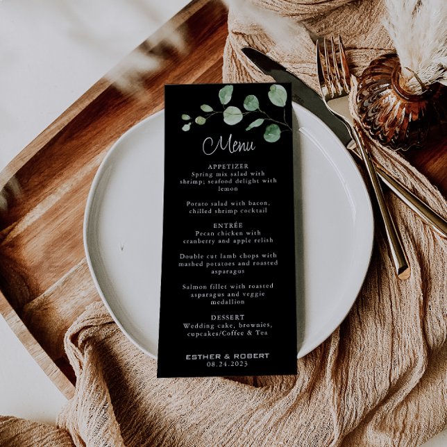 Classic Minimalist Eucalyptus Black Wedding Menu  (Creator Uploaded)