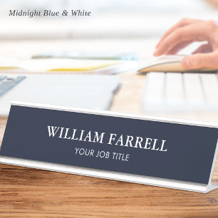 Classic Minimalist Executive Midnight Blue White Desk Name Plate