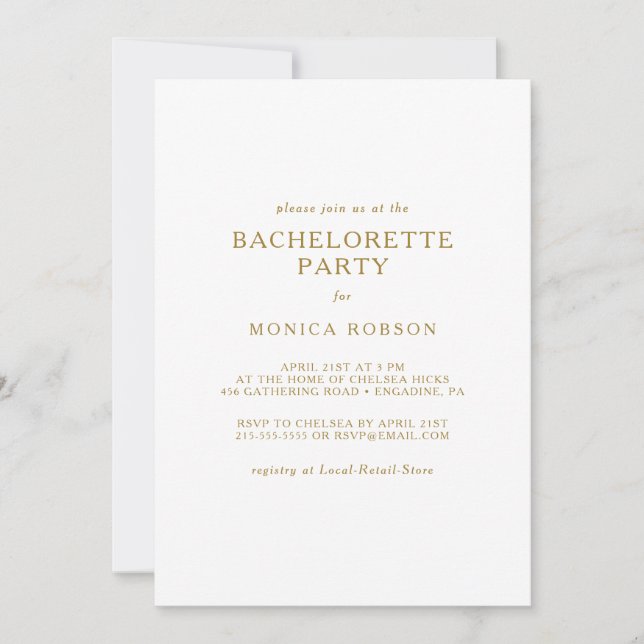 Classic Minimalist Gold Bachelorette Party Invitation (Front)