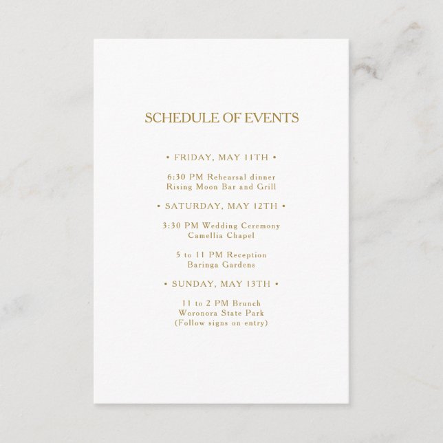 Classic Minimalist Gold Wedding Schedule of Events Enclosure Card (Front)