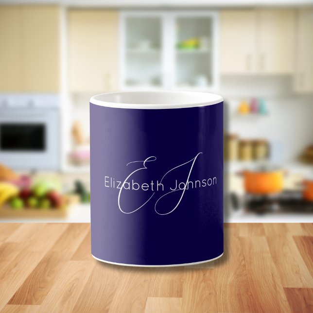 classic minimalist name monogram blue and white coffee mug (Creator Uploaded)