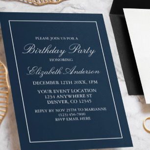 Classic Minimalist Navy Blue Birthday Invitation
