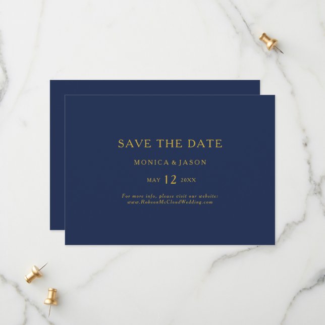 Classic Minimalist Navy Blue | Gold Horizontal Save The Date (Front/Back In Situ)