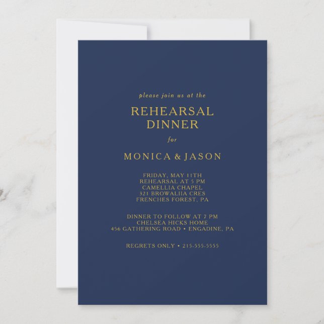 Classic Minimalist Navy Blue Gold Rehearsal Dinner Invitation (Front)