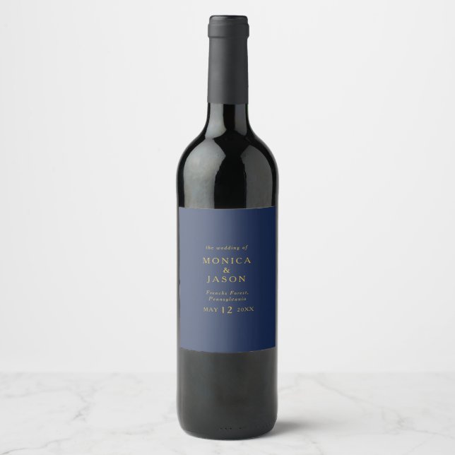 Classic Minimalist Navy Blue | Gold Wedding Wine Label (Front)