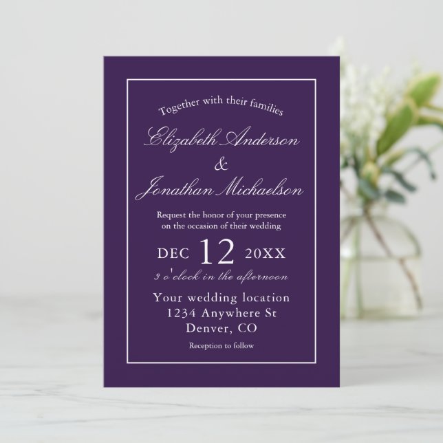 Classic Minimalist Purple Wedding Invitation (Standing Front)