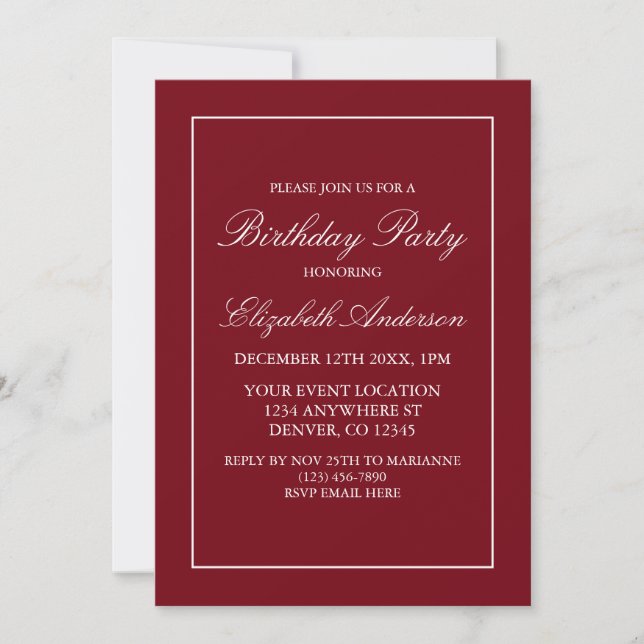 Classic Minimalist Red Birthday Invitation (Front)