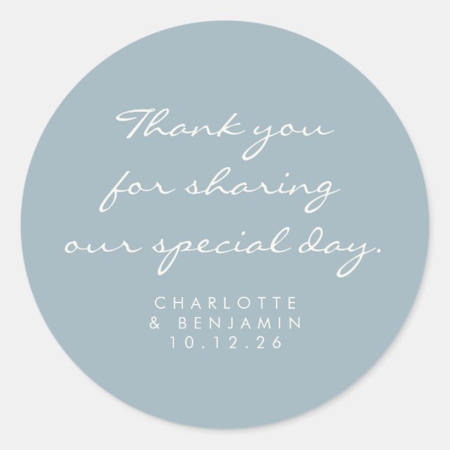 Classic Minimalist Script Blue Thank You Wedding Round Sticker (Front)
