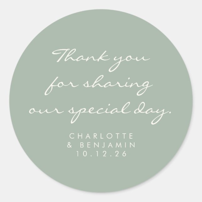 Classic Minimalist Script Sage Thank You Wedding Round Sticker (Front)