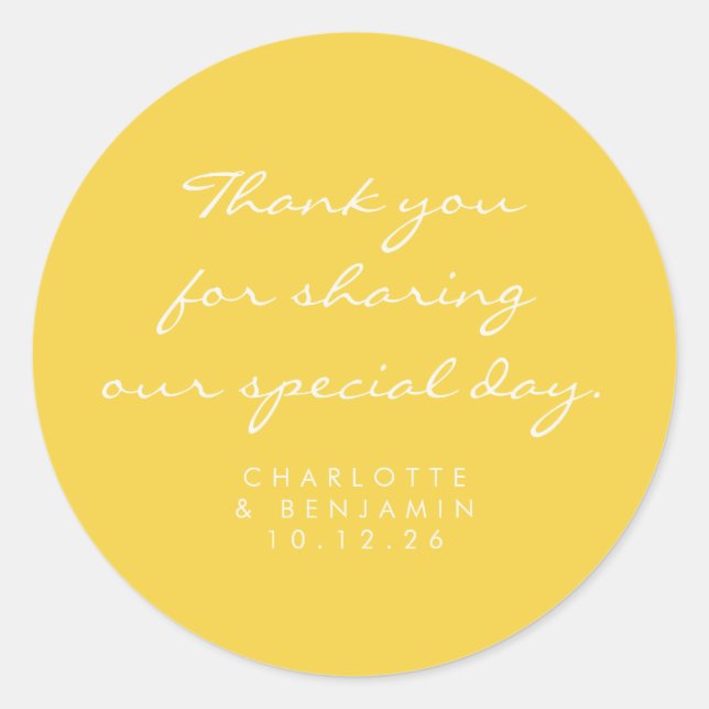 Classic Minimalist Script Yellow Thank You Wedding Classic Round Sticker (Front)