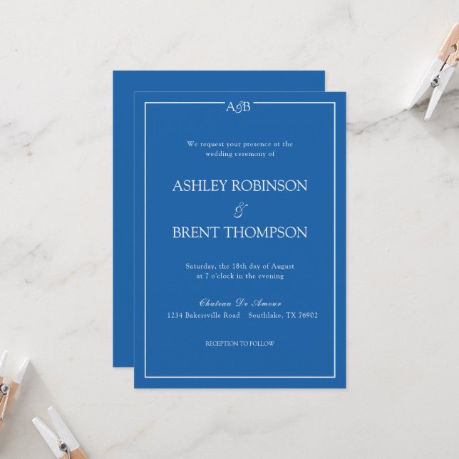 Classic Minimalist Something Blue and White Invitation (Front/Back In Situ)
