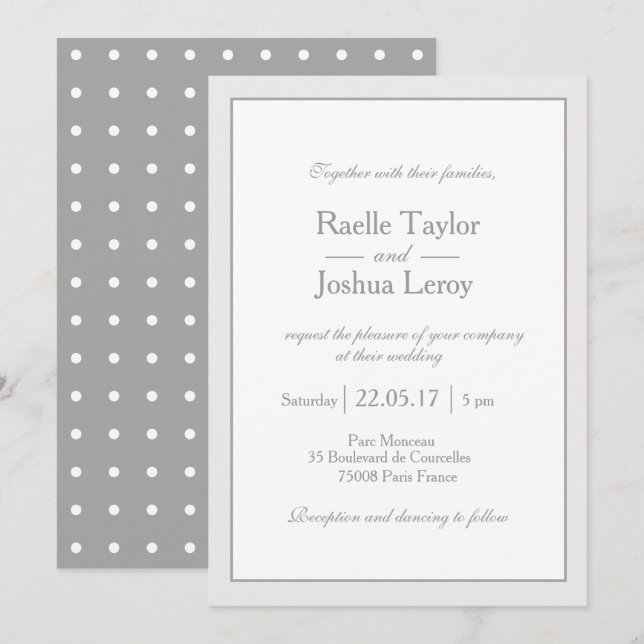 Classic minimalist white grey polka dots wedding invitation (Front/Back)