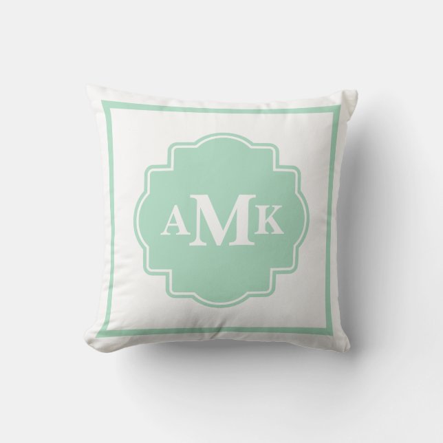Classic Mint Green and White Monogram Pillow (Front)