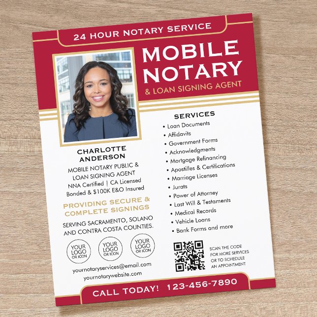 Classic Mobile Notary Flyer QR Code Red Gold (Creator Uploaded)
