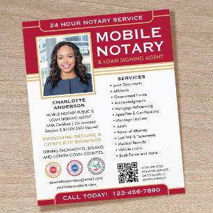 Classic Mobile Notary Public QR Code Red Editable Flyer