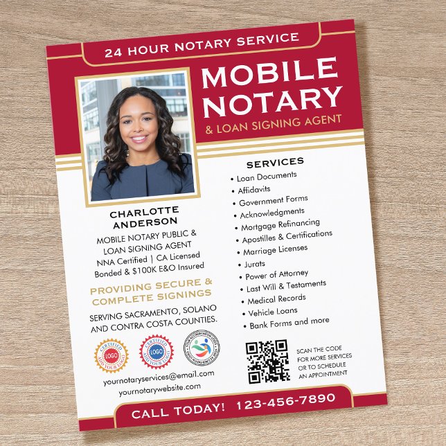 Classic Mobile Notary Public QR Code Red Editable Flyer (Creator Uploaded)