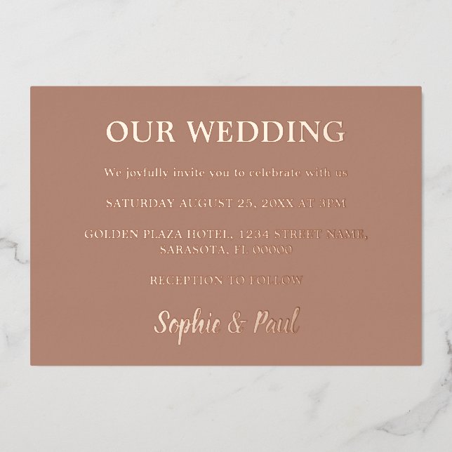 Classic Mocha Wedding Rose Gold Foil Invitation (Front)