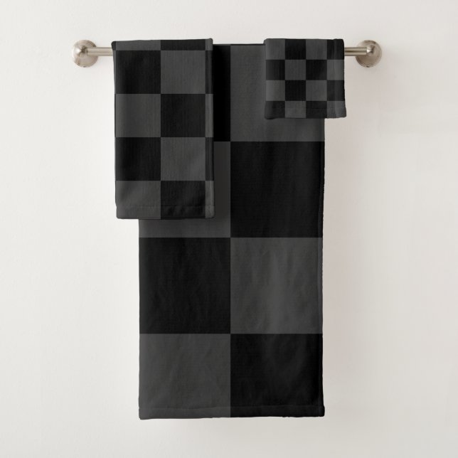 Classic Modern Black & Smoky Black Chequerboard  Bath Towel Set (Insitu)