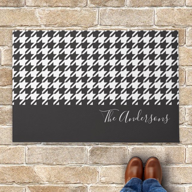 Classic Modern Black White Houndstooth Family Name Doormat (Creator Uploaded)