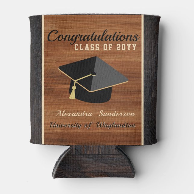 Classic Modern Brown Wood Grain Graduation cap Can Cooler (Front)