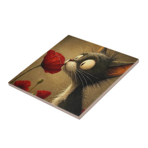 Classic Modern Ceramic Tile Black & White Cat Red 