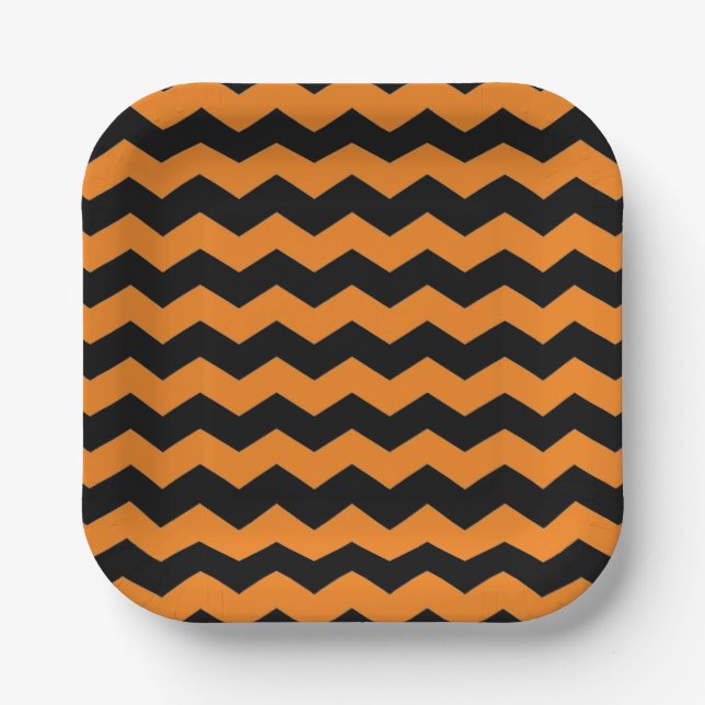 Classic Modern Chevron Black and Orange Stripes Paper Plate (Front)