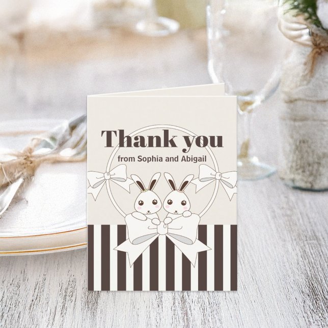 Classic Modern Cute Cartoon Bunny Twin Girl Thank You Card (Creator Uploaded)