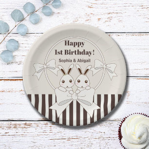 Classic Modern Cute Twin Bunny Girl Birthday Paper Plate