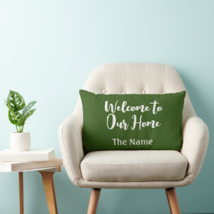 Classic Modern Dark Green Welcome Home Family Name Lumbar Cushion