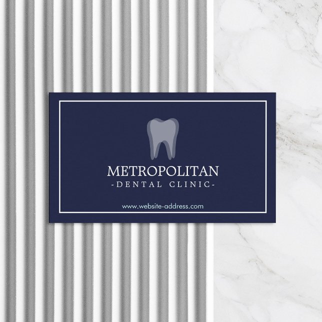 Classic Modern Dentist Tooth Logo on Navy Blue Business Card (Creator Uploaded)
