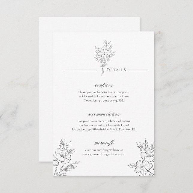 Classic Modern Elegant Floral White Wedding Detail Enclosure Card (Front/Back)
