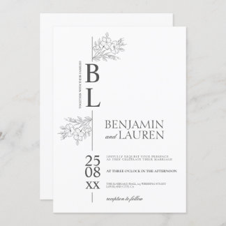 Classic Modern Elegant Floral White Wedding Invitation