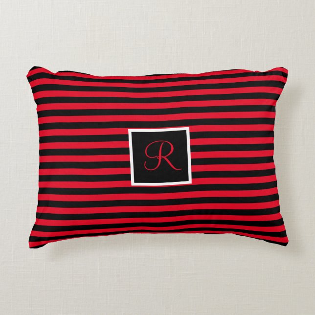 Classic Modern Initial Letter Red & Black Striped Decorative Cushion (Front)