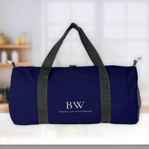 Classic Modern Minimal Navy Blue White Monogram  Duffle Bag
