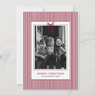 Classic Modern Red Bow Stripe Holiday Photo Card