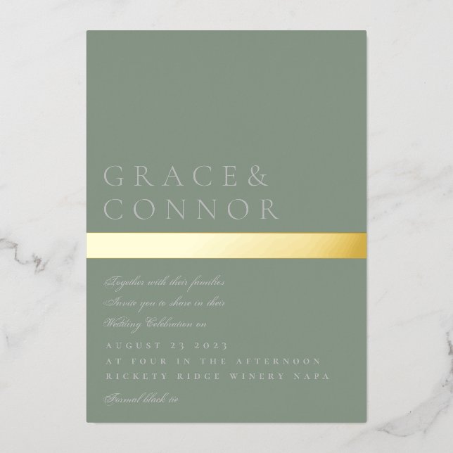 Classic Modern Sage Green Gold Stripe Wedding (Front)