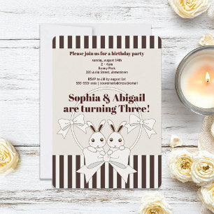 Classic Modern Stripe Bunny Twin Girl Birthday Invitation
